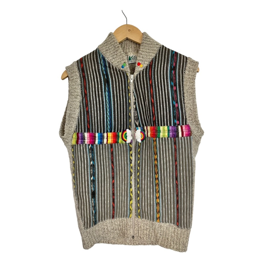 REI Vintage Wool Hippie Vest Zip Front Hand-Sewn On Fabric & Trim  Size Small - Picture 7 of 11